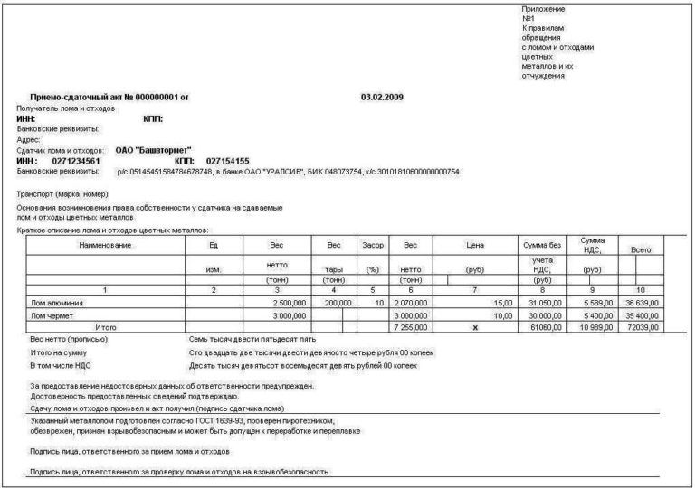 Приемо сдаточный акт металлолом образец заполнения. Приёмо-сдаточный ...